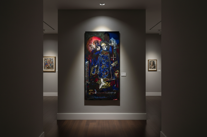 Buy Irish Art gallery with a large colorful Harry Clarke canvas on the wall, surrounded by smaller framed artworks.