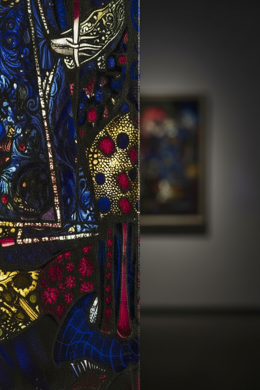 The Song of the Mad Prince" by Harry Clarke 1917 – Gothic Art Nouveau canvas wall art print Close-up capturing the interplay of light and shadow along the canvas edge, rich colour depth, fine detail, minimalist luxury aesthetic.