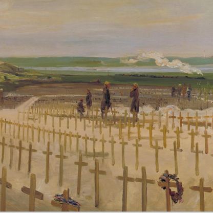 The Cemetery, Étaples (1919) by Sir John Lavery, Irish master war art painting depicting a First World War military cemetery.