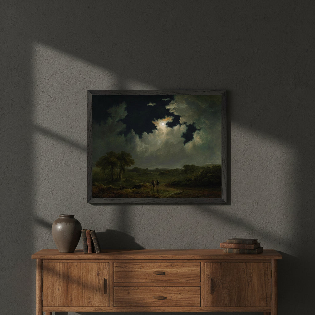 The Poachers (c.1830s) by James Arthur O’Connor in black gallery frame, Irish Romantic landscape art print on a dark heritage interior wall.