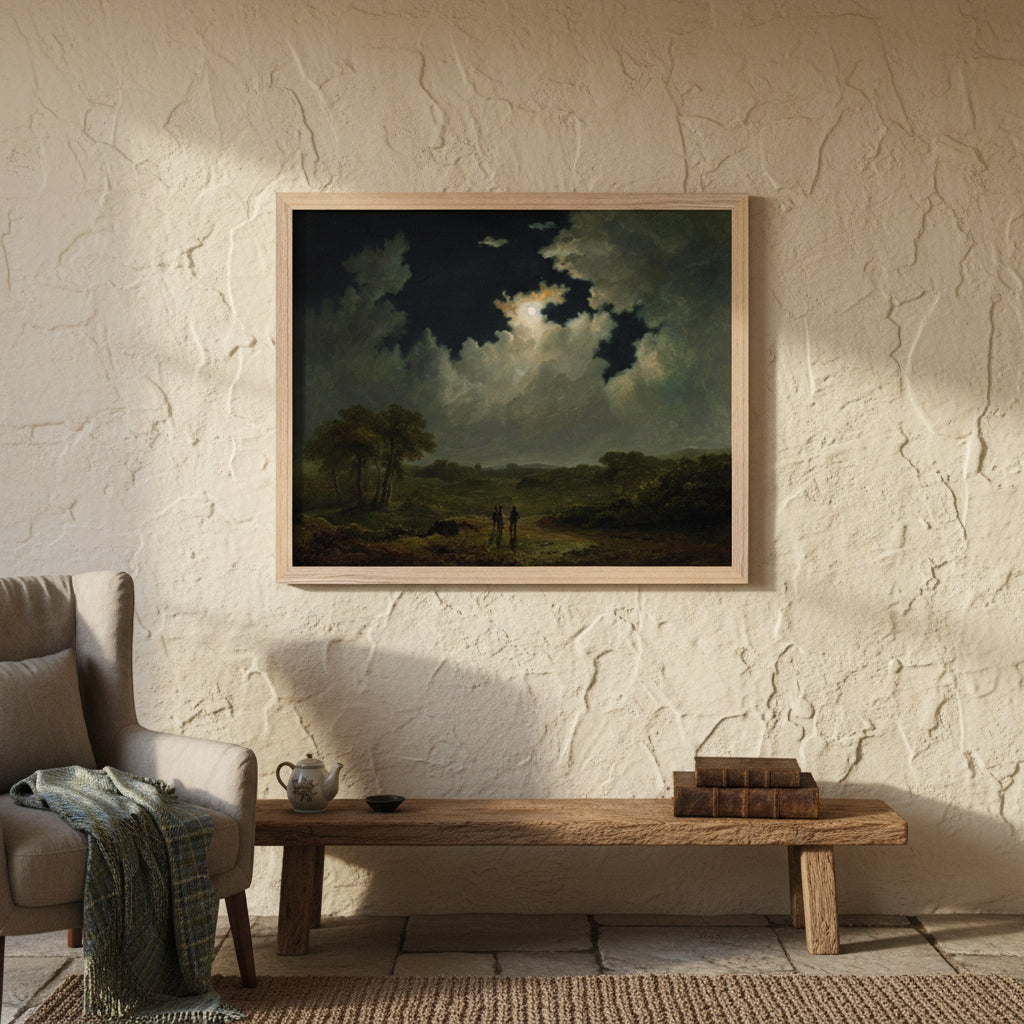 The Poachers (c.1830s) by James Arthur O’Connor in natural wood gallery frame, Irish Romantic landscape art print in a rustic cottage interior.
