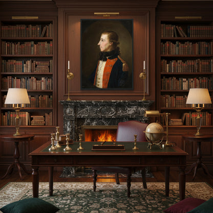 Portrait of Theobald Wolfe Tone displayed in a luxury wood-panelled library above marble fireplace, framed Irish heritage art print