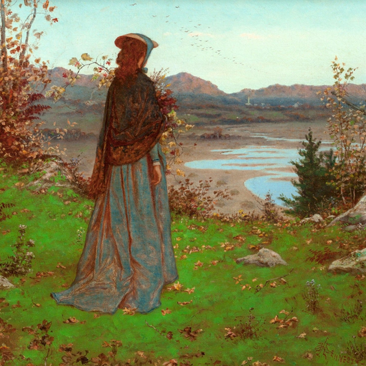 Woman in an Autumn Landscape by William J. Hennessy, Irish Impressionist figure in a seasonal countryside art print